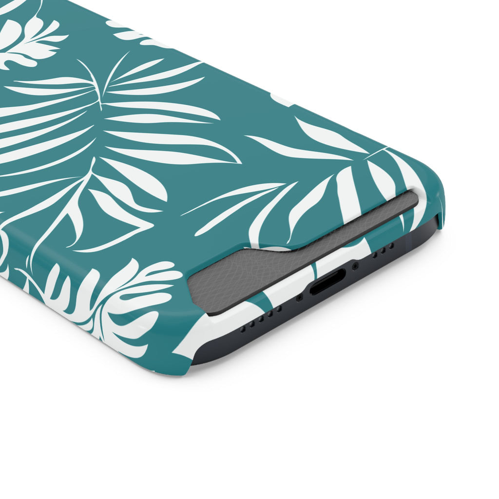 Custodia telefono con porta tessere e design a foglie tropicali color teal