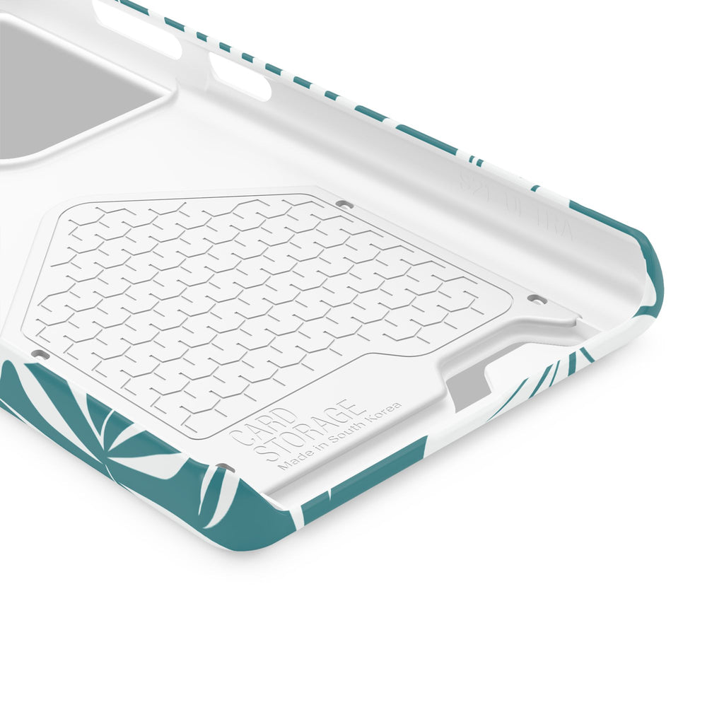 Custodia telefono con porta tessere e design a foglie tropicali color teal