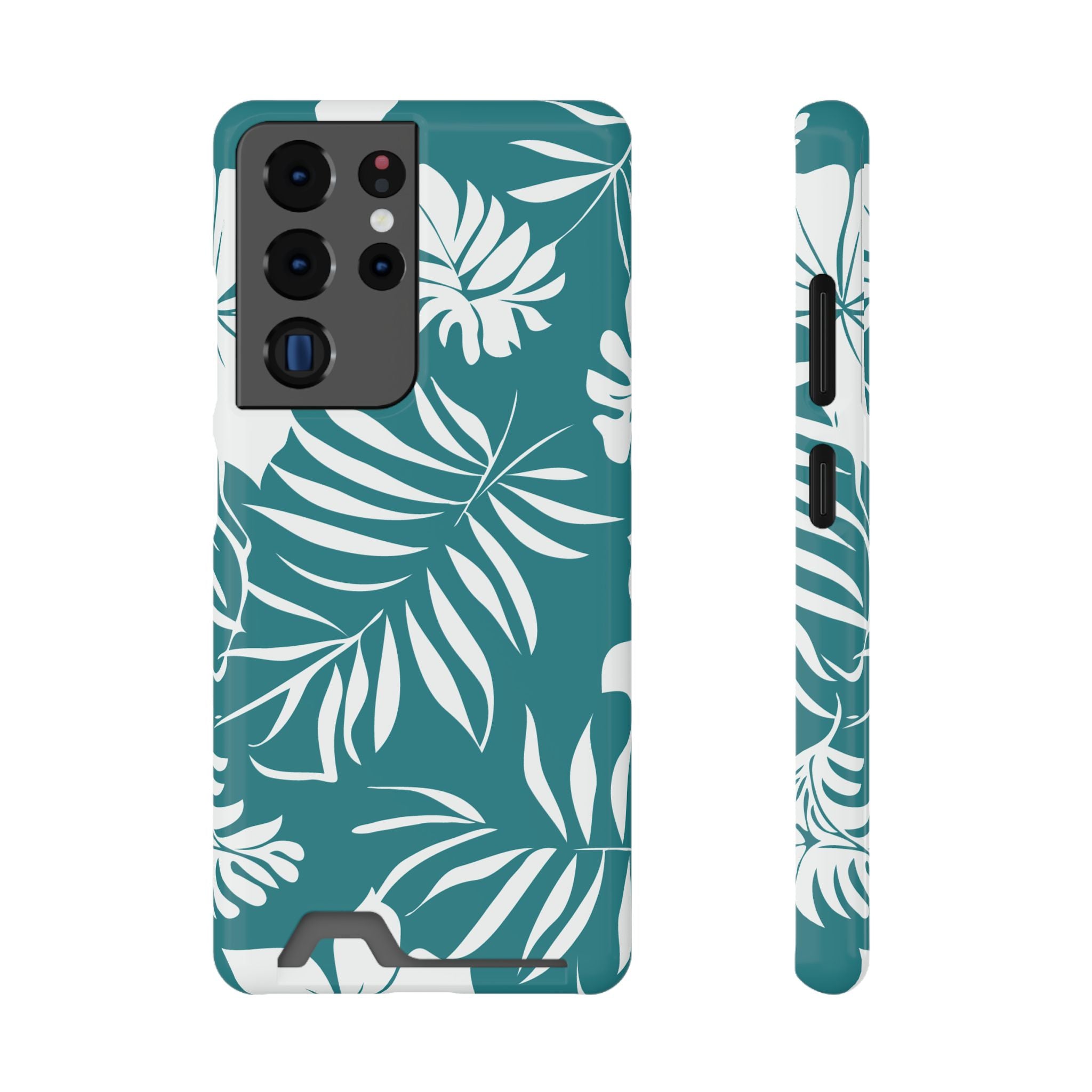 Custodia telefono con porta tessere e design a foglie tropicali color teal
