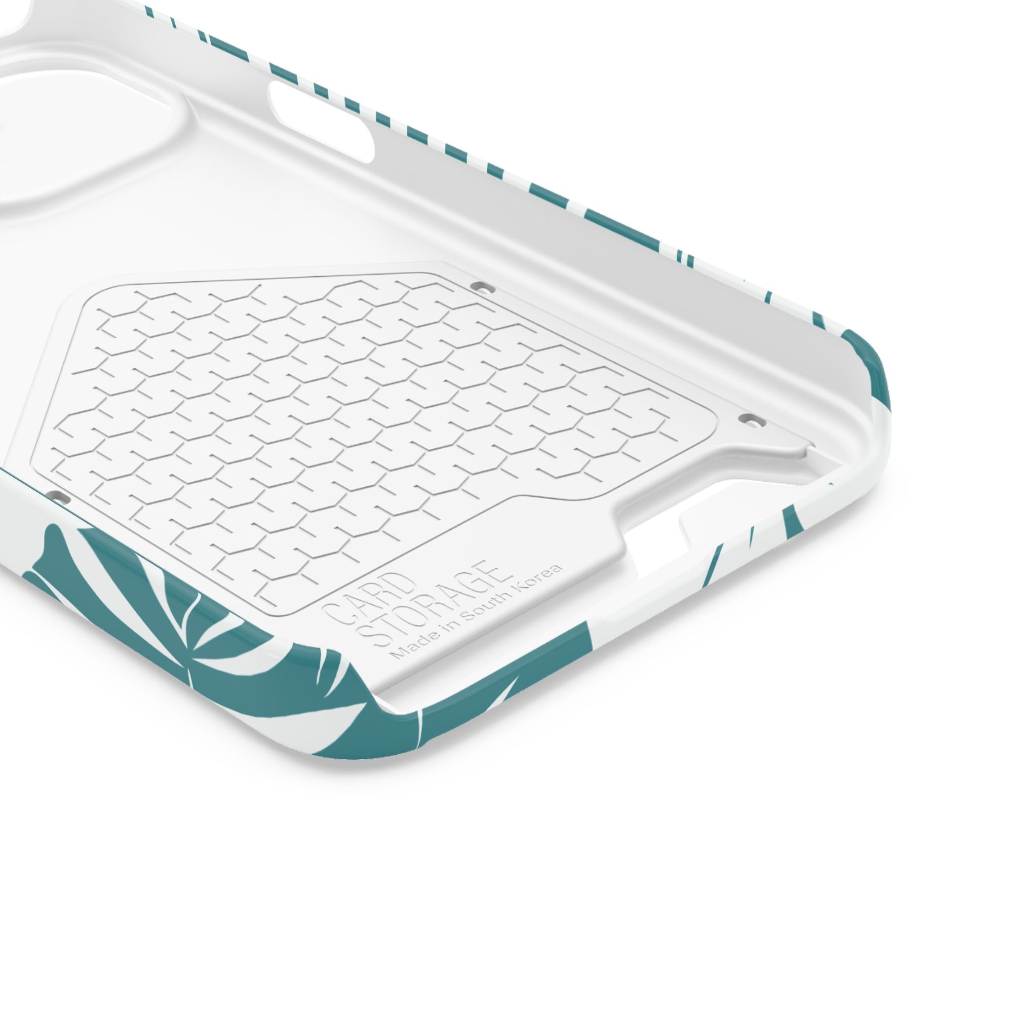 Custodia telefono con porta tessere e design a foglie tropicali color teal