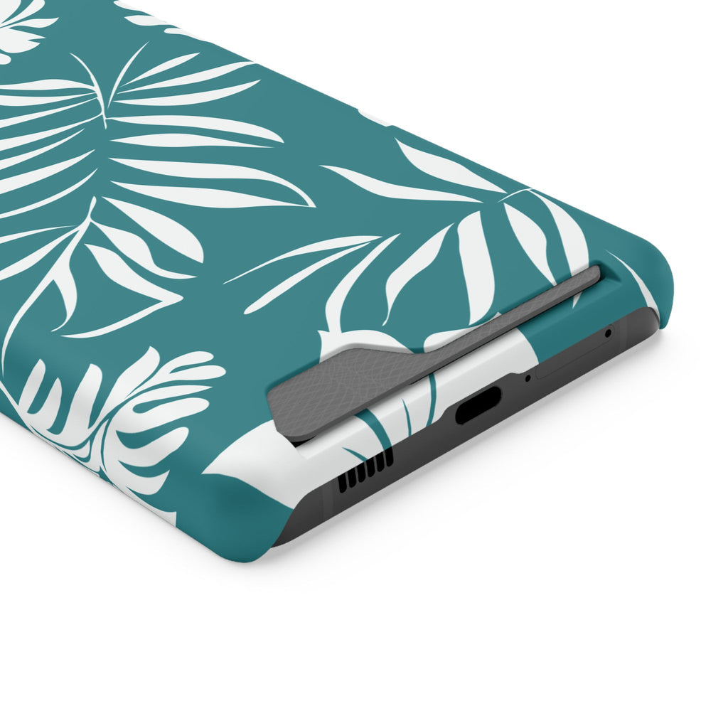 Custodia telefono con porta tessere e design a foglie tropicali color teal
