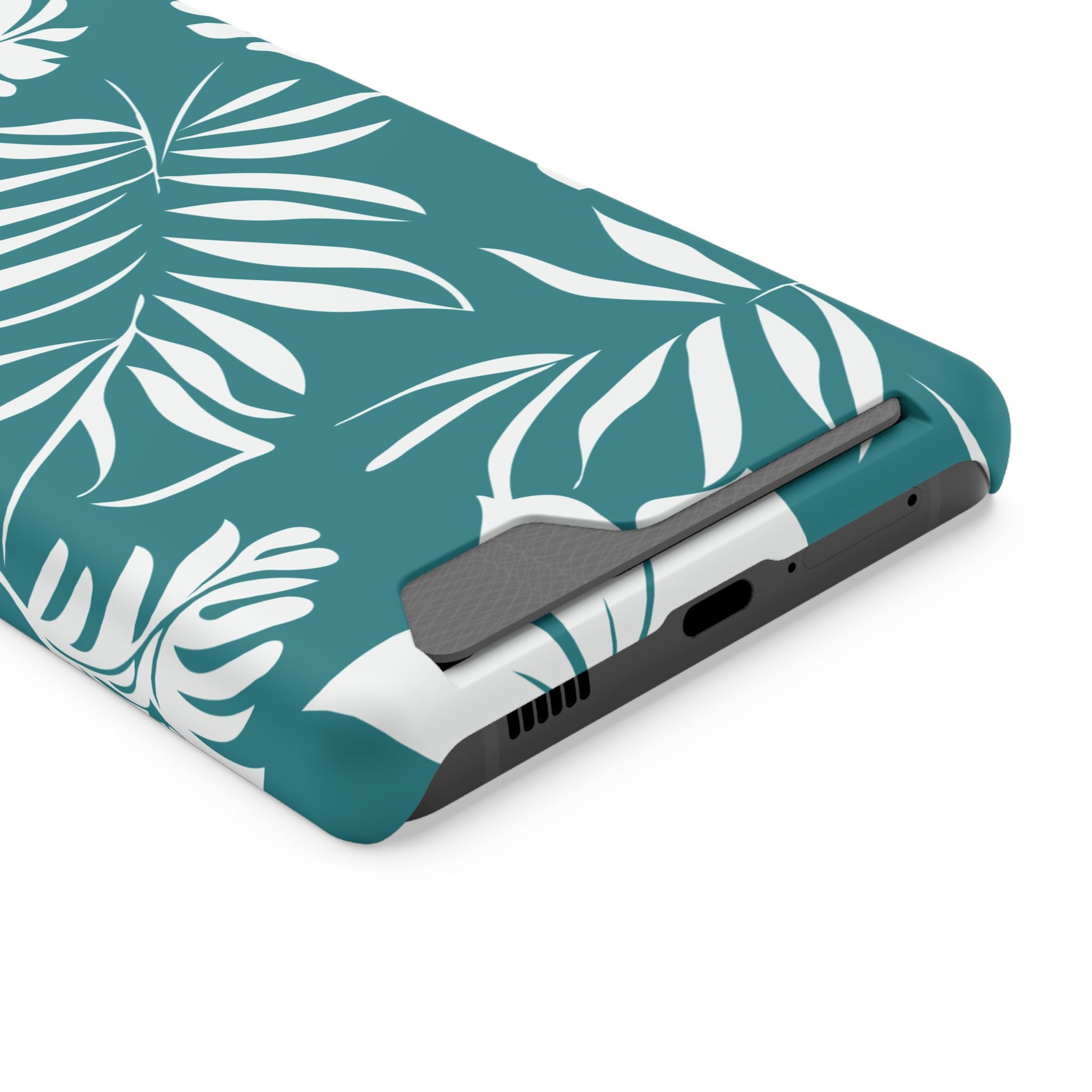 Custodia telefono con porta tessere e design a foglie tropicali color teal