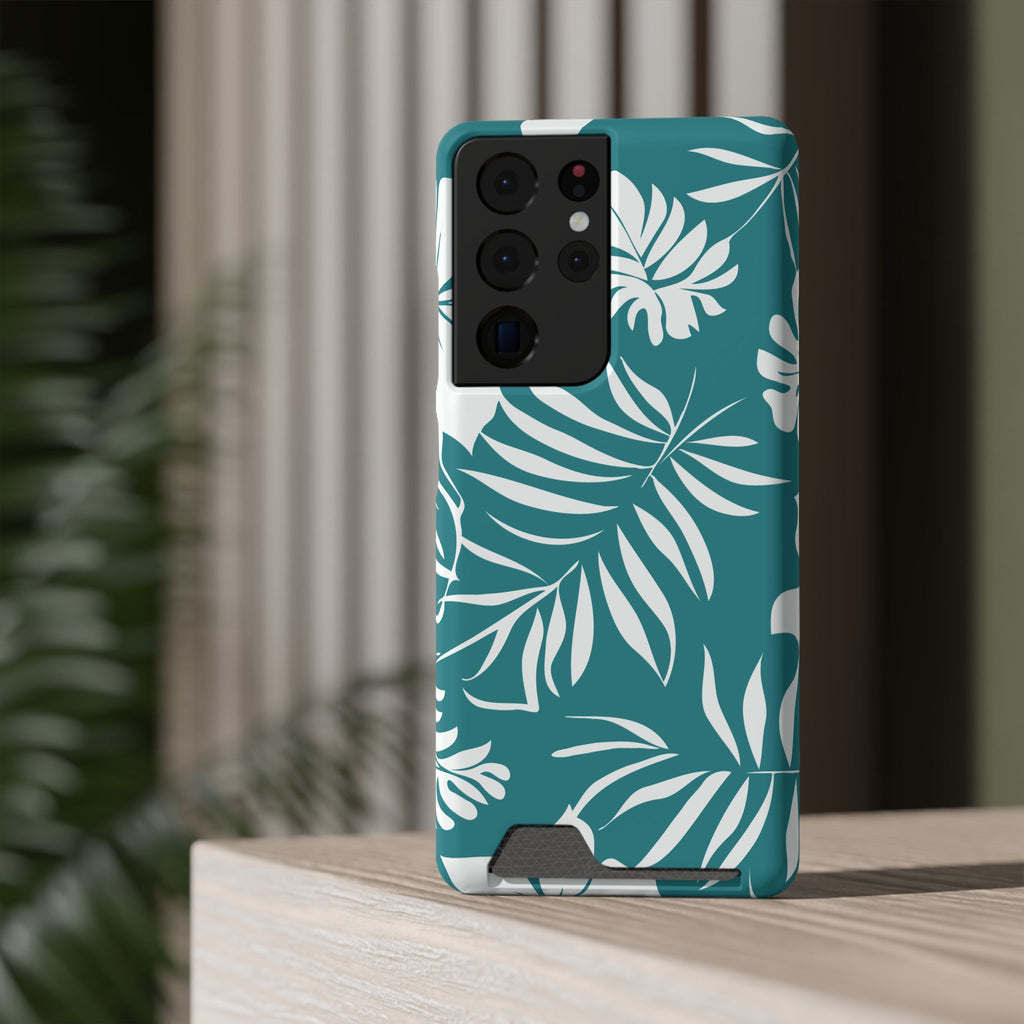 Custodia telefono con porta tessere e design a foglie tropicali color teal