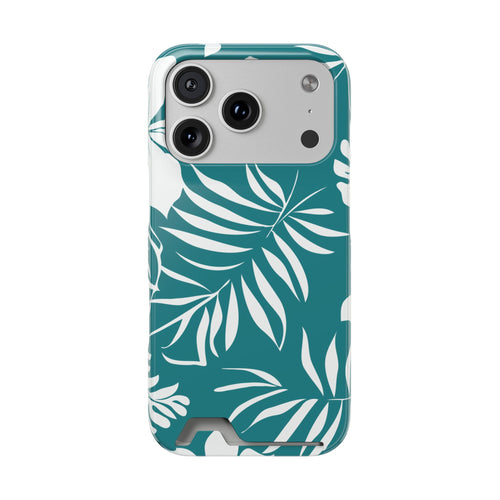 Custodia telefono con porta tessere e design a foglie tropicali color teal