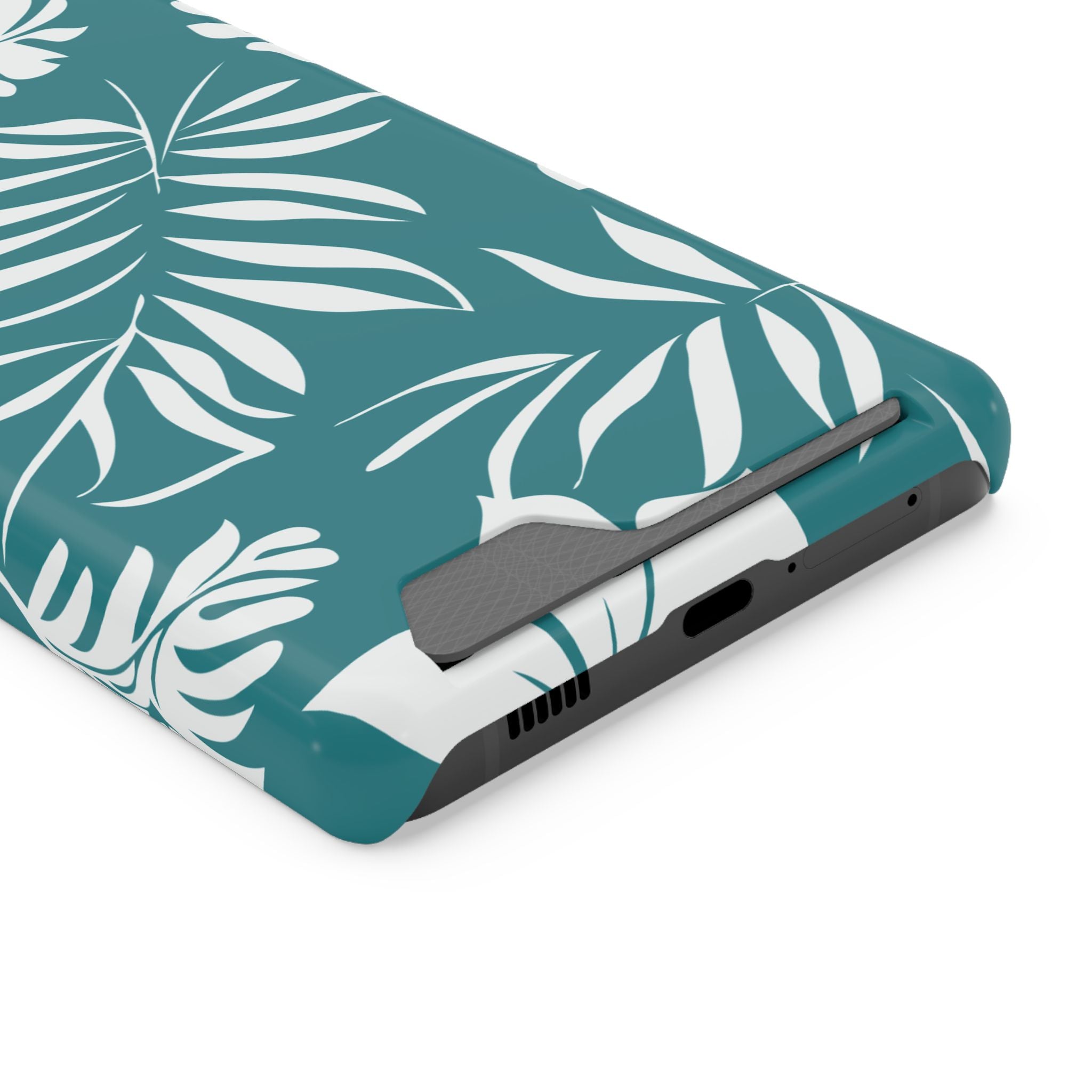 Custodia telefono con porta tessere e design a foglie tropicali color teal