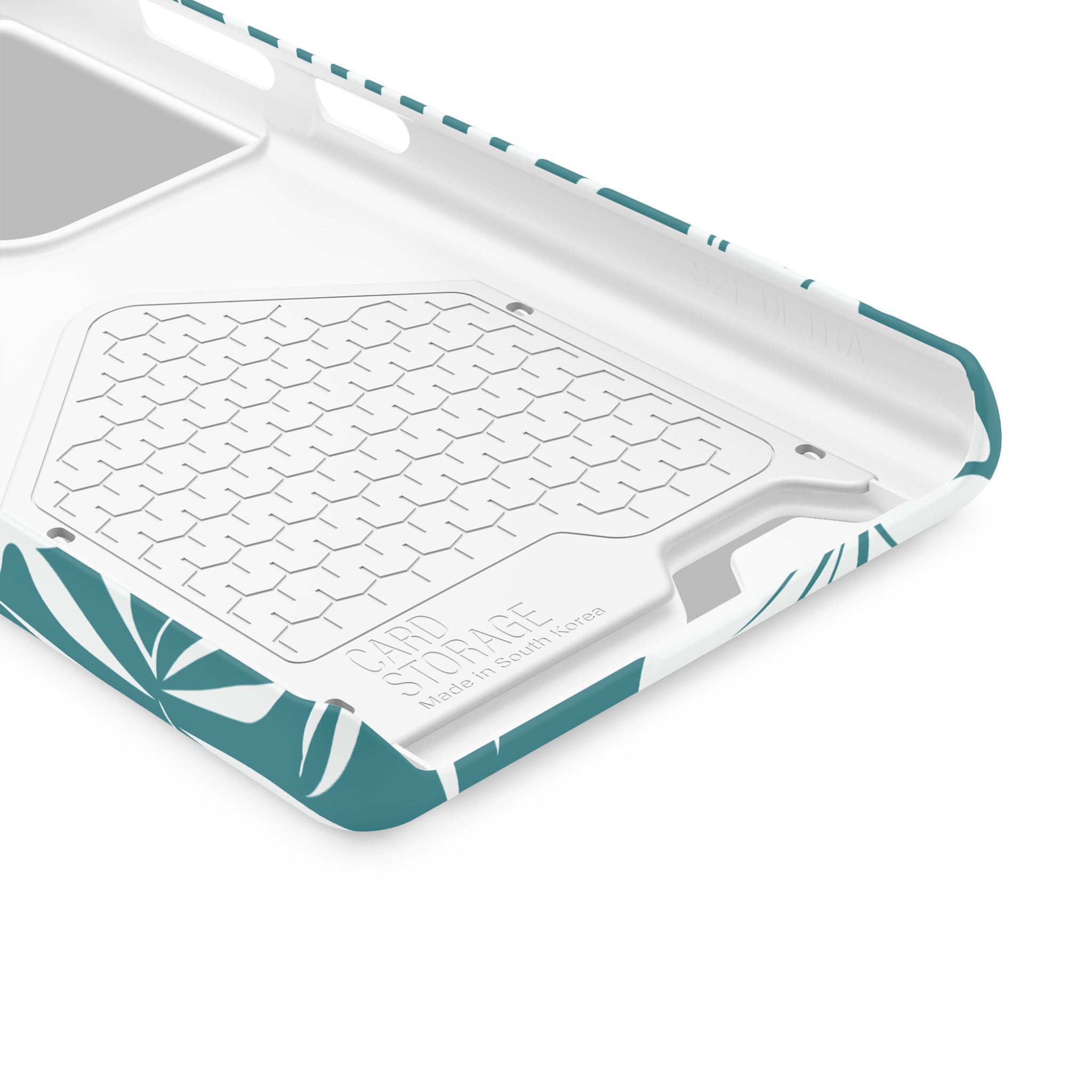 Custodia telefono con porta tessere e design a foglie tropicali color teal